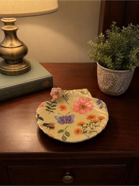 Handmade Floral Ceramic Trinket Dish - Yellow with Pink & Purple Flowers